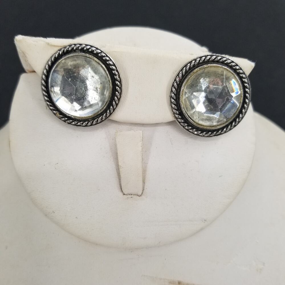 Vintage Rhinestone Loop Clip On Earrings Silver Color Black Patina 1960s